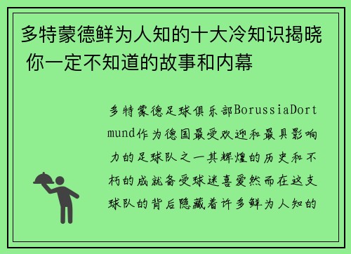 多特蒙德鲜为人知的十大冷知识揭晓 你一定不知道的故事和内幕 多特蒙德鲜为人知的十大冷知识揭晓 你一定不知道的故事和内幕