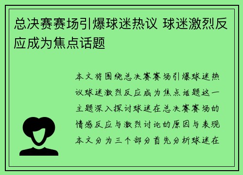 总决赛赛场引爆球迷热议 球迷激烈反应成为焦点话题 总决赛赛场引爆球迷热议 球迷激烈反应成为焦点话题